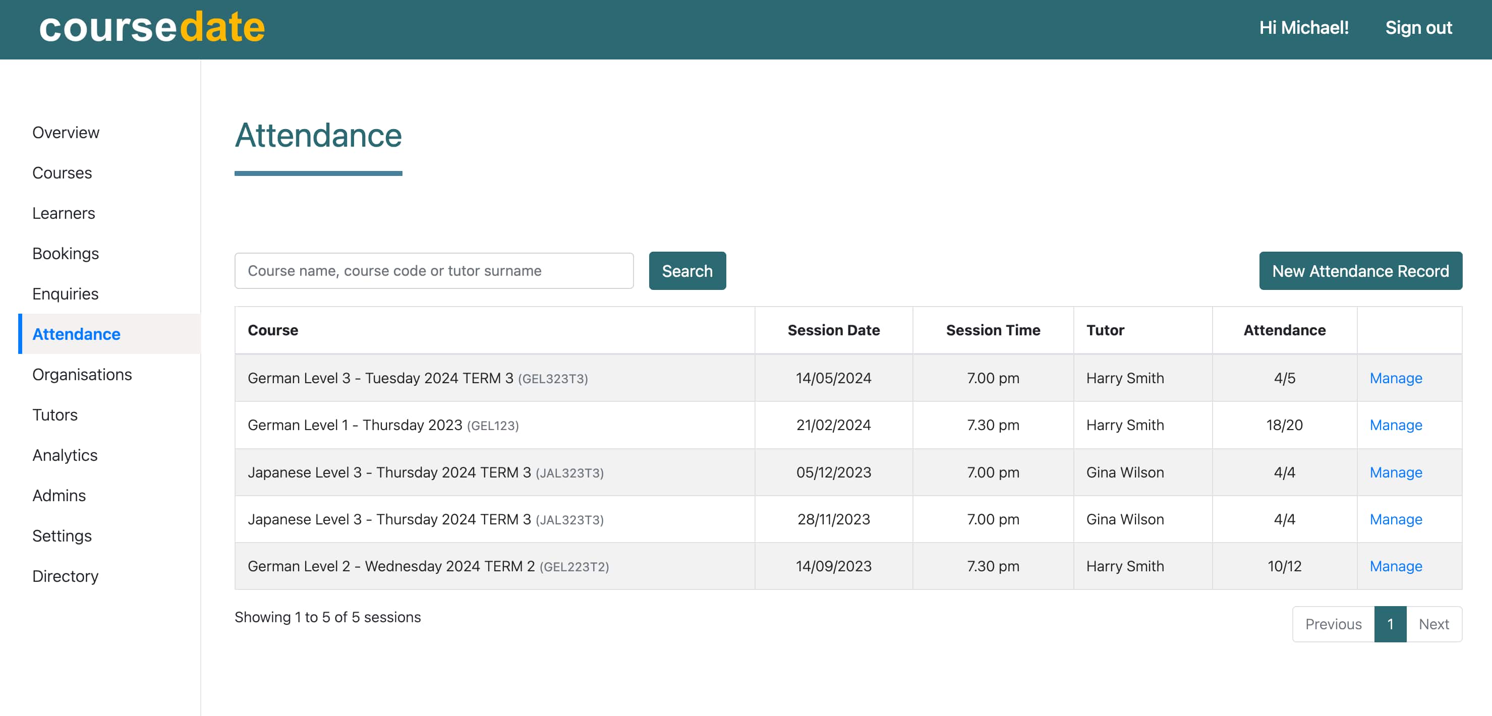 Attendance summary page in Coursedate