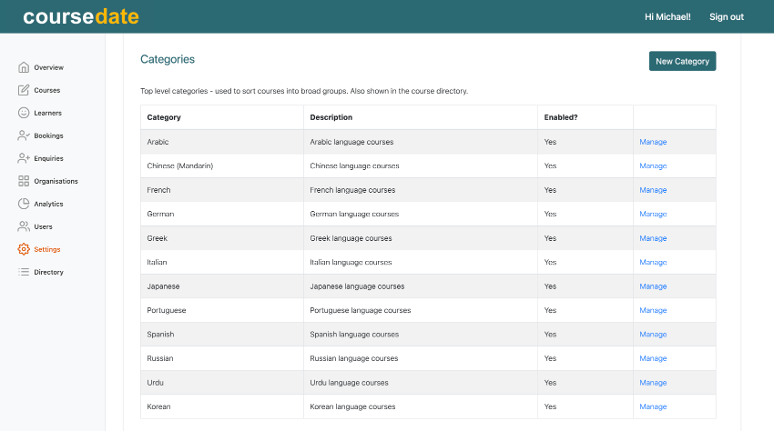 Course categories screen