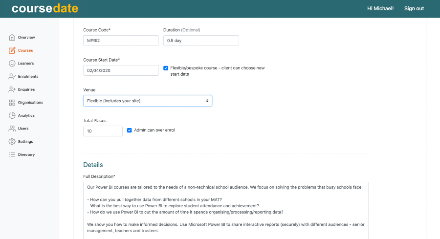 Learner page showing enrolment and enquiry history