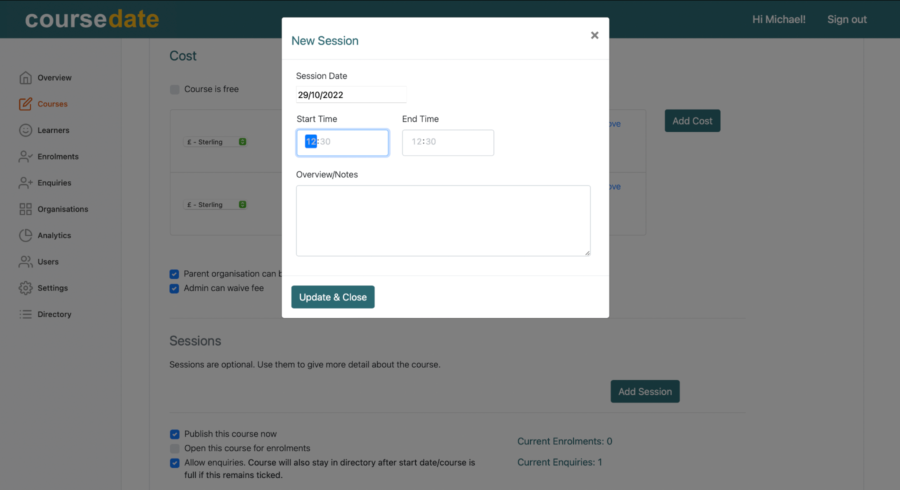 Learner page showing enrolment and enquiry history