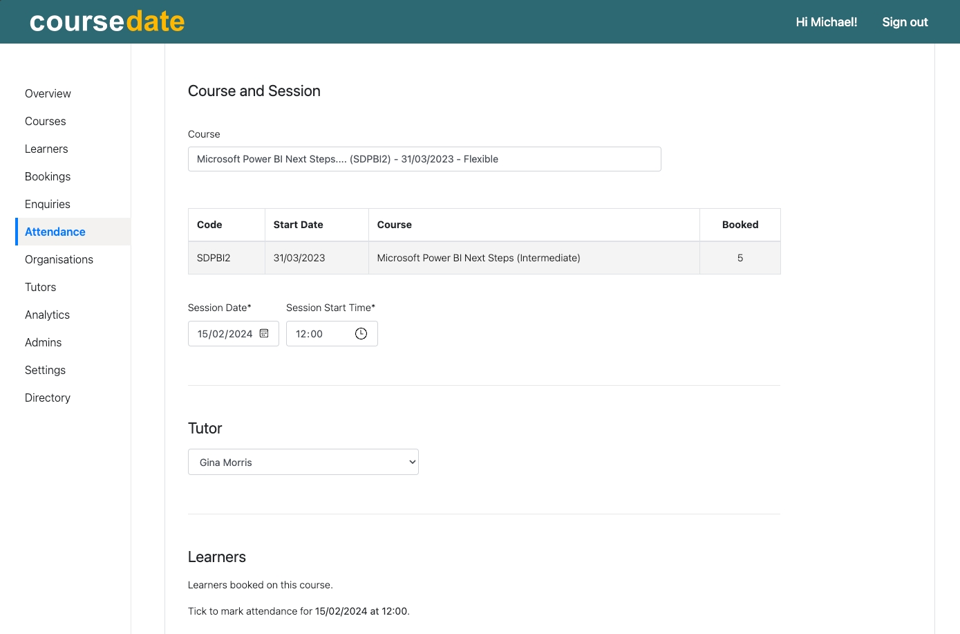 Coursedate attendance tracking screenshot