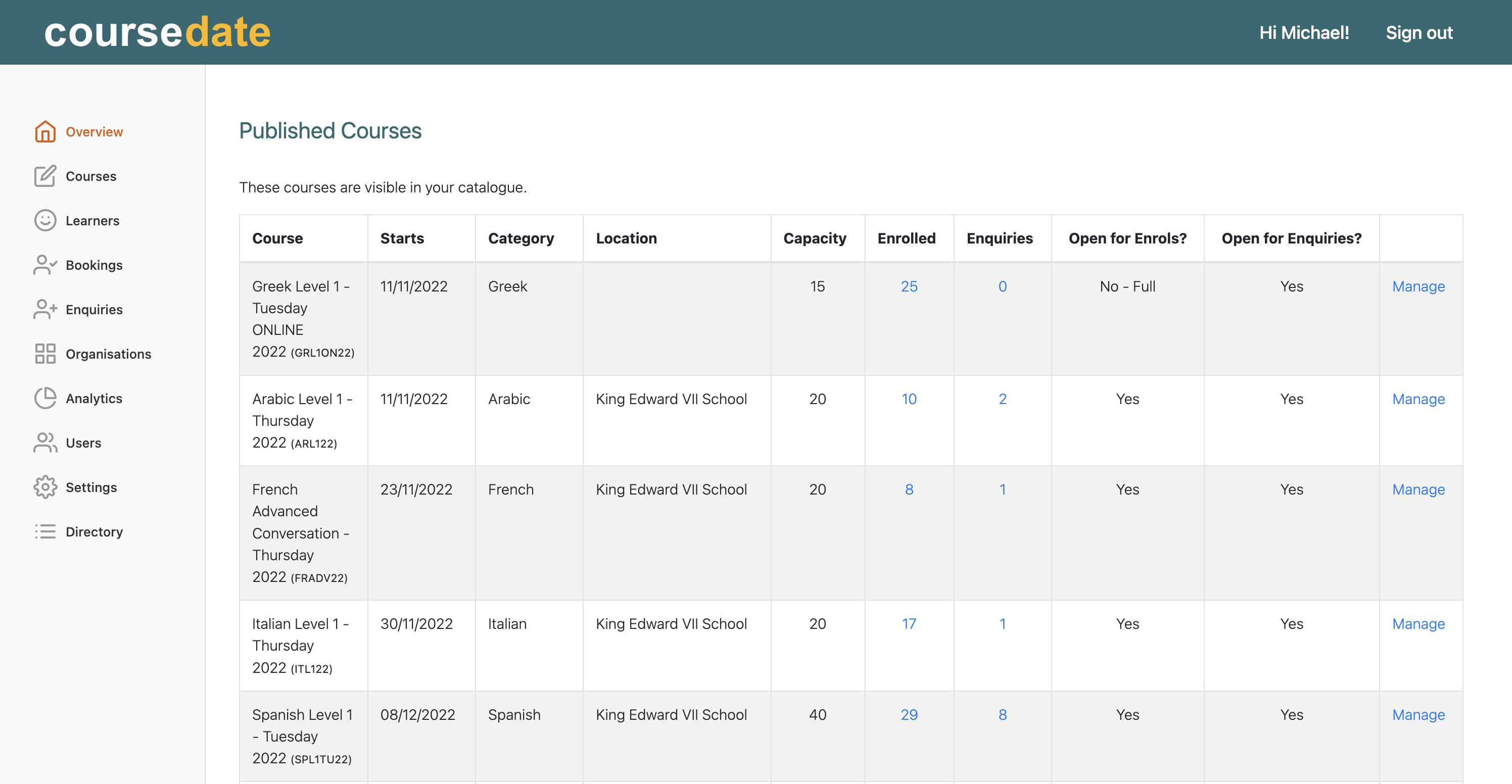 The Coursedate admin dashboard