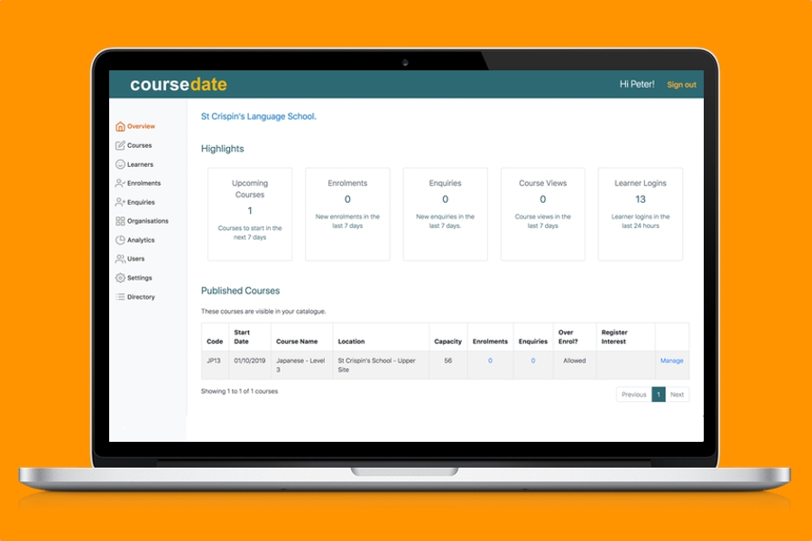 Training provider Coursedate CRM on laptop