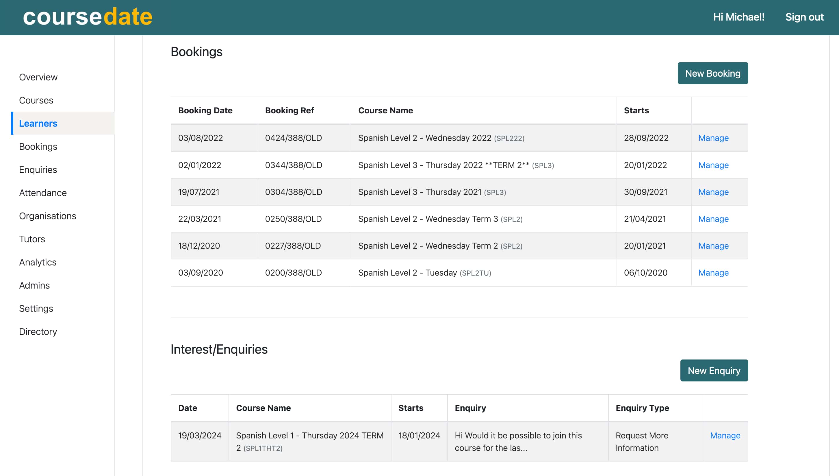 Leaner view shows bookings and enquiries