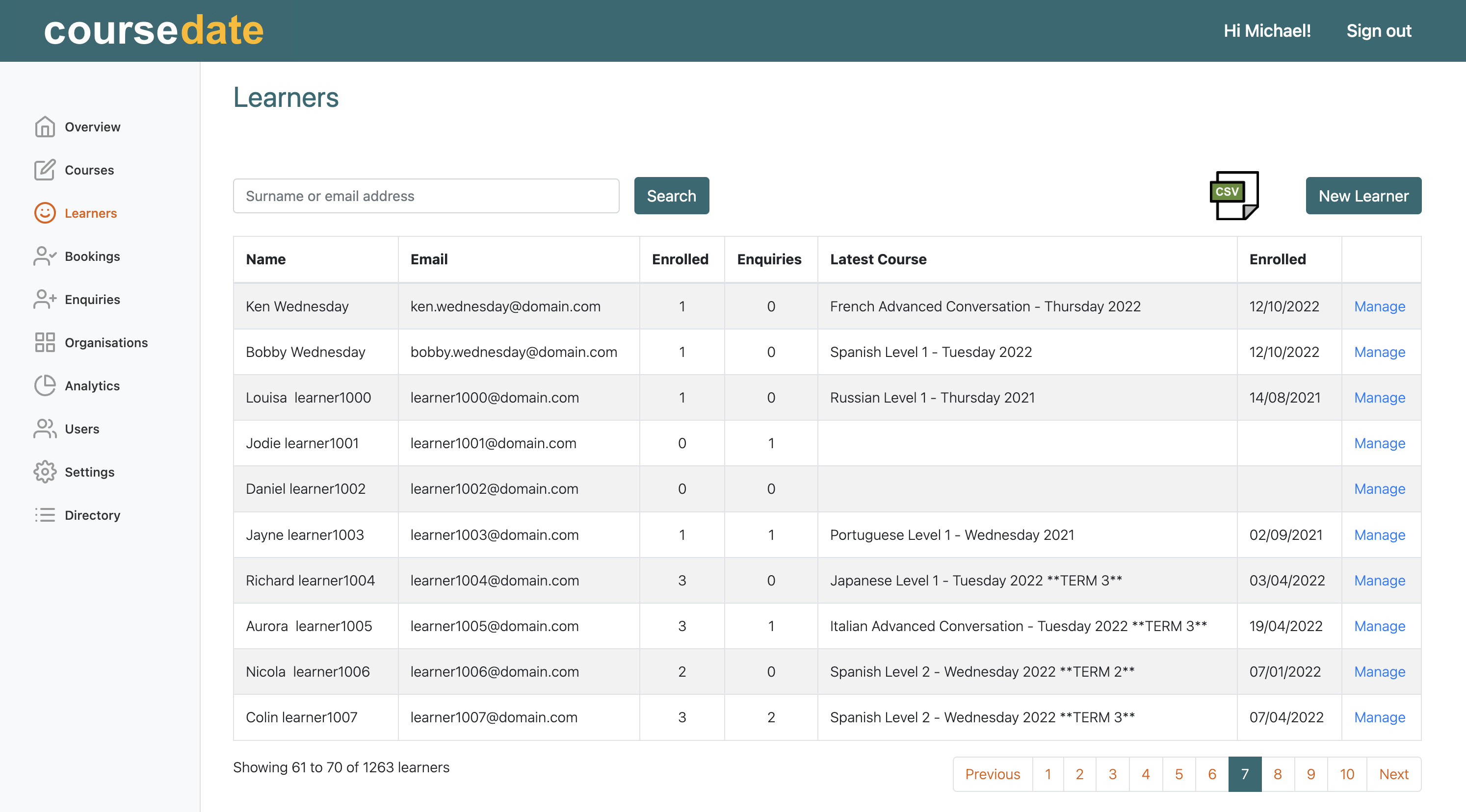 Learner page showing enrolment and enquiry history