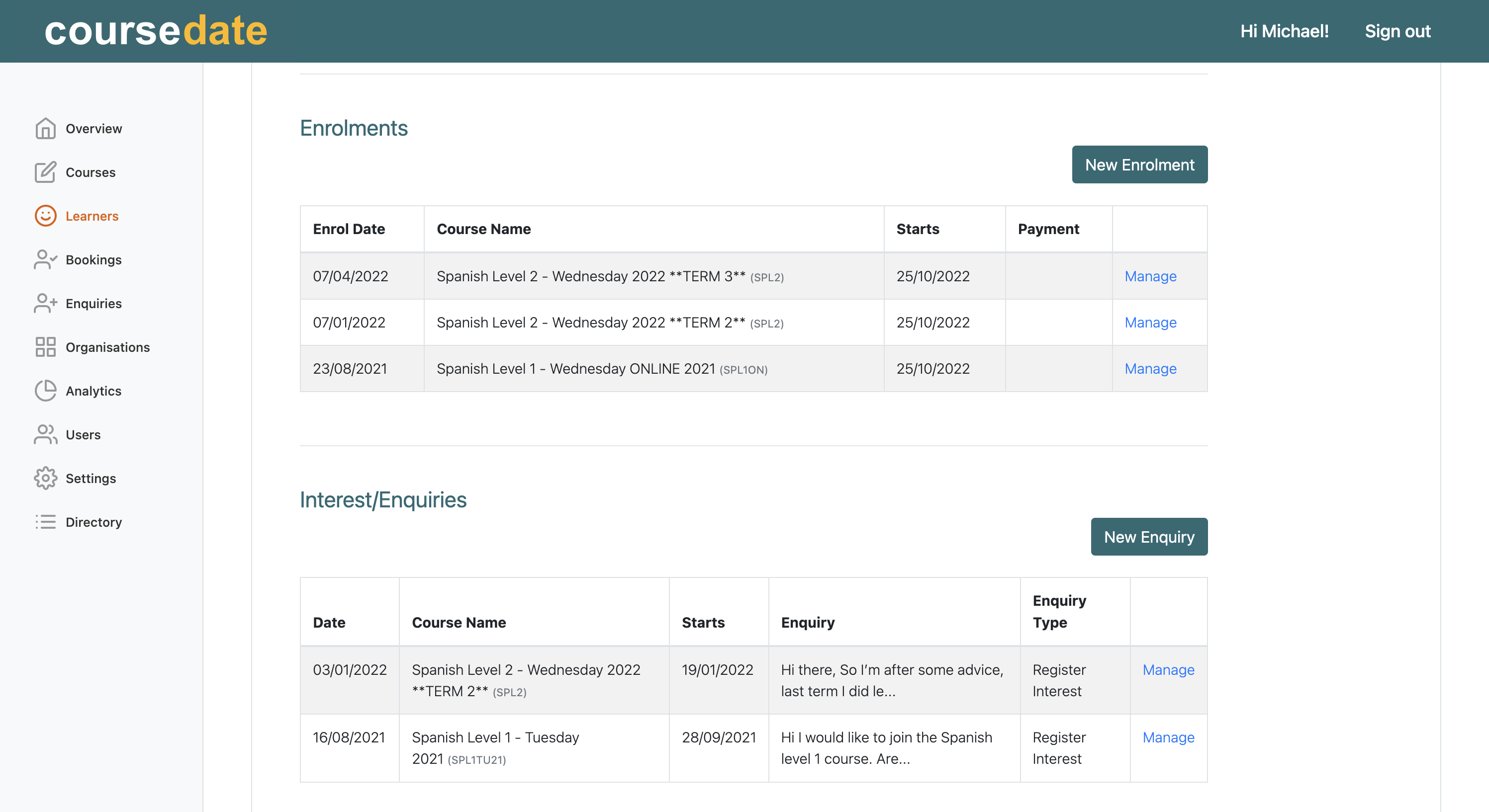 Learner page showing enrolment and enquiry history