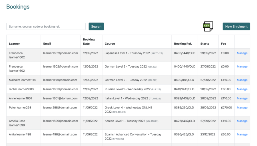 Course bookings list in Coursedate